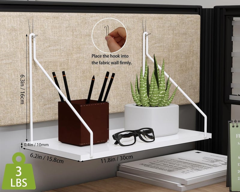 SoaShower Store Cubicle Shelf with Hooks – 11.8" Office Cubicle Accessories for Work, Floating Wall Shelf for Decor, Hanging Organizer for Cubicle Wall Storage & Office Decorations&White - Image 3